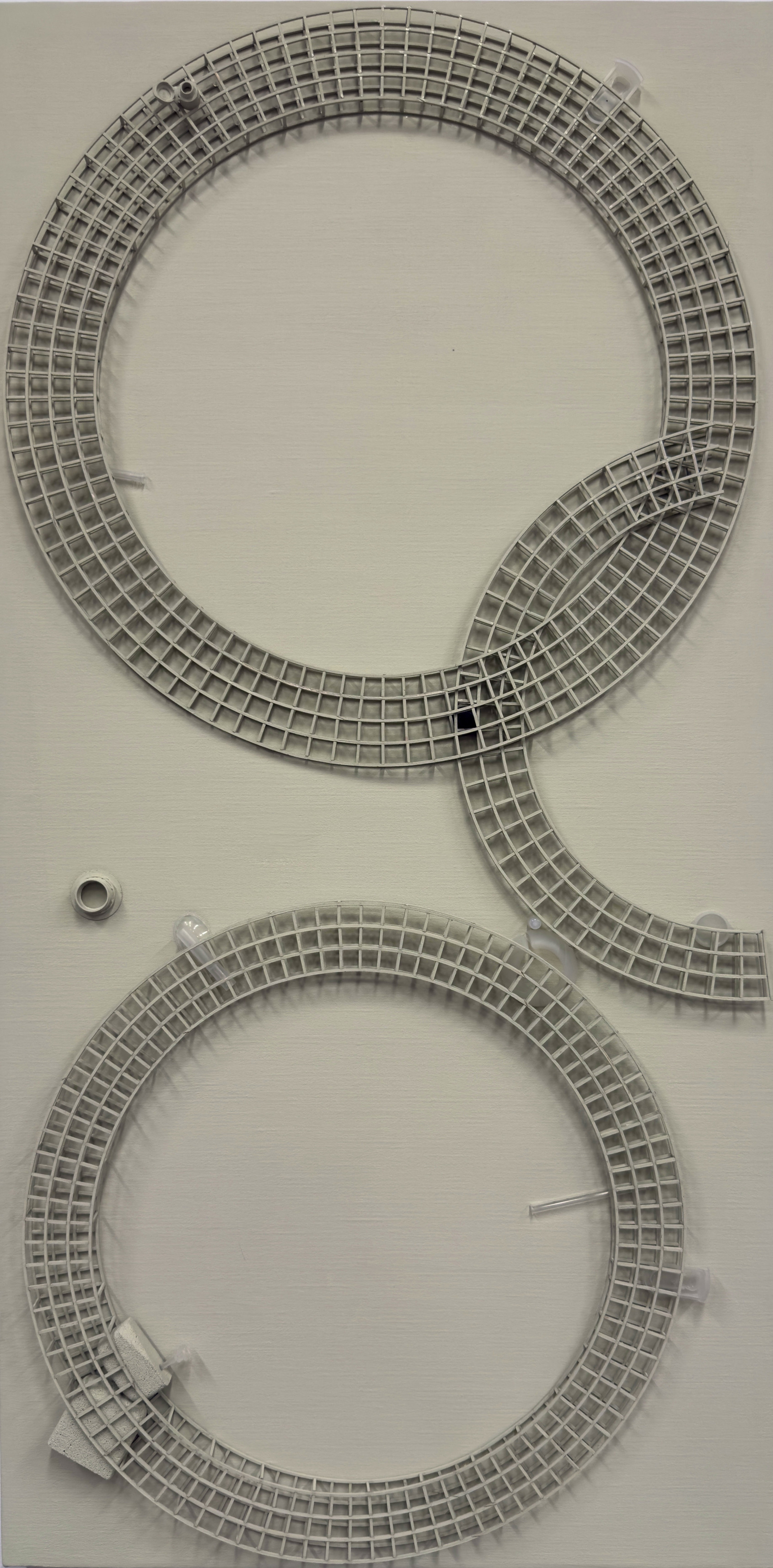 Tsung-Hsuan HSU, The Zoo, 2025, Keim mineral paint, aircraft plywood, rubber, pumice, plastic products, 60x120x6.5cm 